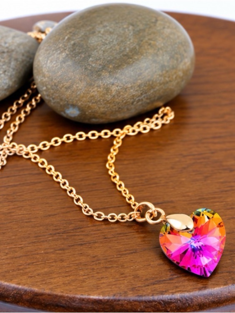 18K Gold Hot Pink AB Crystal Heart Pendant Necklace